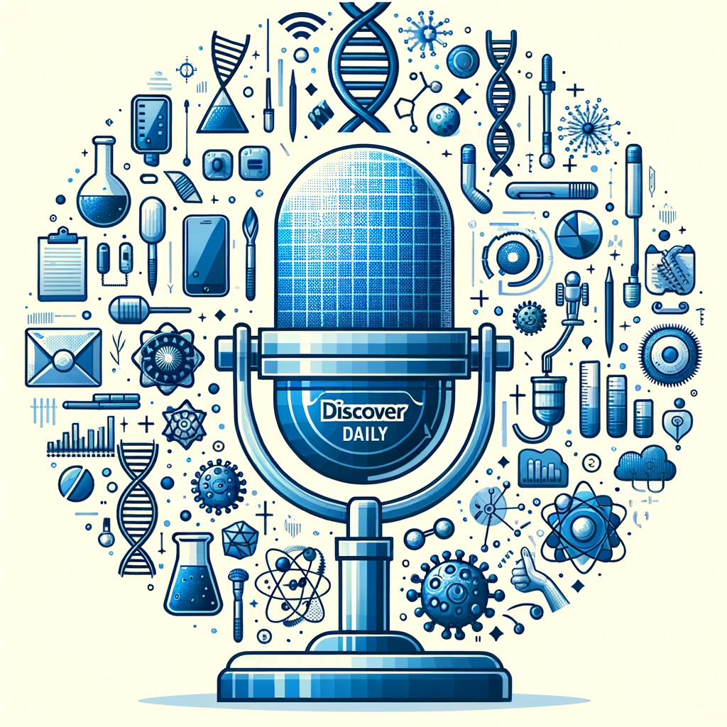Create a 2D, linear perspective image with a distinct corporate and commercial vector art style. The background should be plain white and texture-free. The main illustration is a modern microphone, symbolizing the 'Discover Daily' podcast format. Surrounding the microphone are assorted icons representing the diverse content of the podcast: science (e.g., a DNA strand or lab beaker), technology (e.g., a computer chip or smartphone), and culture (e.g., a book or paintbrush). The overall color palette is blue and white, giving off a sense of modernity and clarity.
