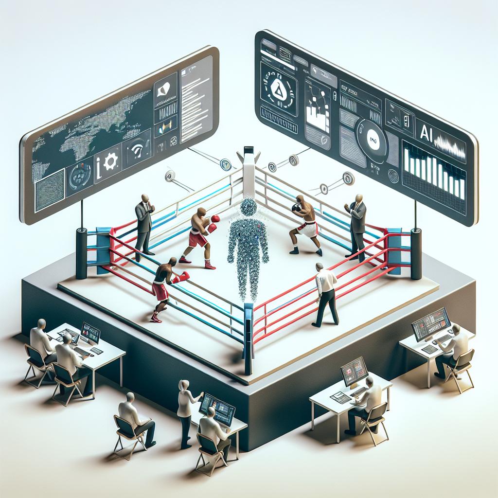 Create a 2D, linear perspective image in a flat, corporate style. The setting is a modern boxing ring set against a plain, white, texture-less background. There are digital displays scattered around the ring symbolizing the infusion of technology into the game. Inside the ring, two heavyweight boxers engaged in action are present, but a visually represented AI judge takes center stage as an innovative concept. The AI judge should be clearly distinguishable, possibly made up of technological elements or depicted as a digital entity. The boxers can be generic and don't need to resemble any real people, but should still be bulky to depict their heavyweight category.