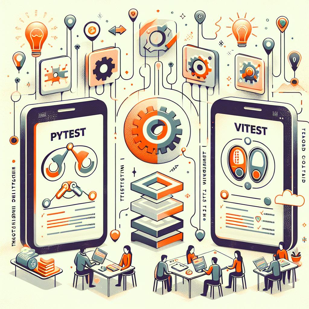 Create a 2D flat and corporate style image showing the new testing integrations of Pytest and Vitest in LangSmith. The image should have a white, textureless background. It should include the LangSmith logo, symbolic representations of the new functionalities of LangSmith via screenshots, and icons symbolising collaboration, denoting teamwork facilitated by the platform. The image should be coloured in warm, engaging tones to attract attention and convey a sense of innovation.