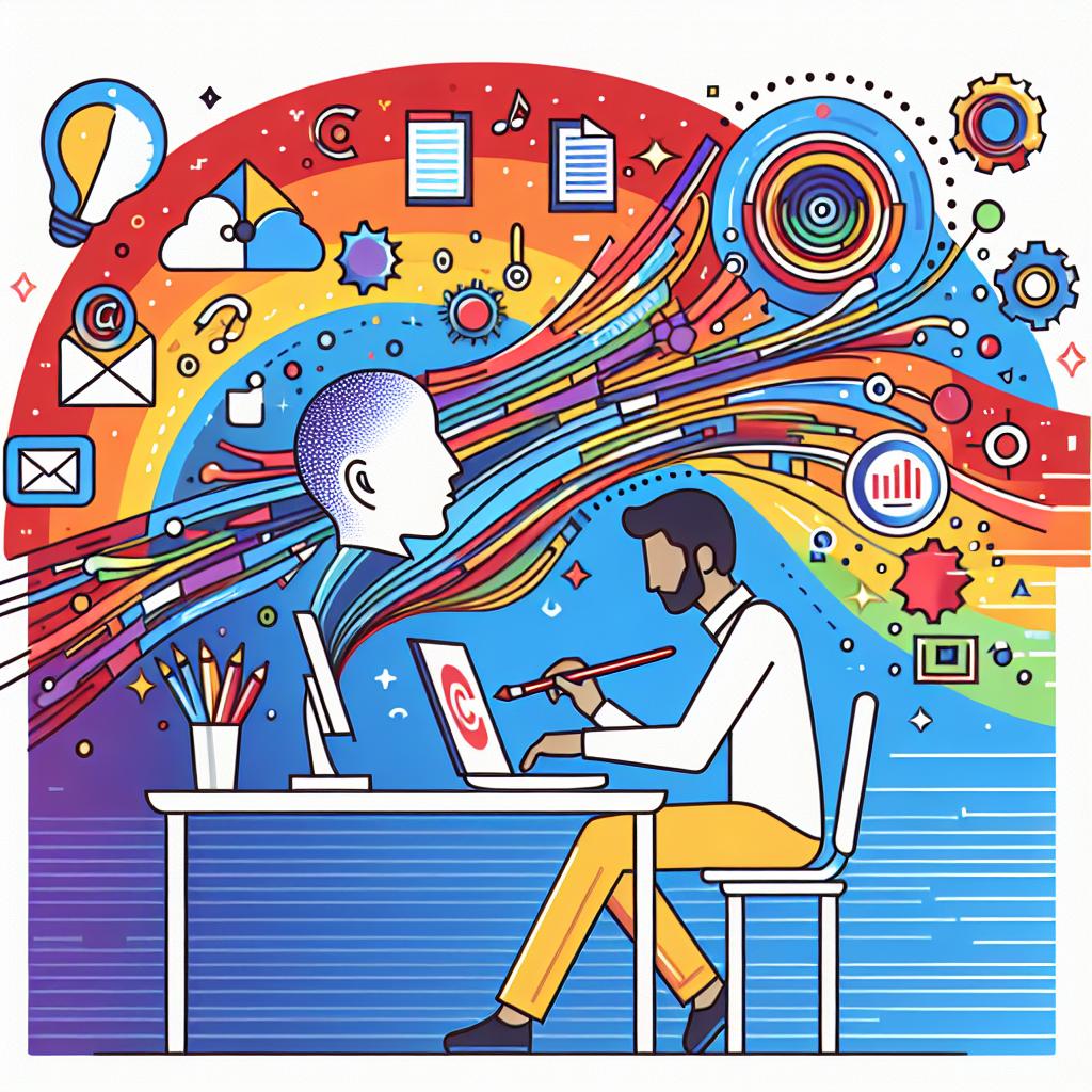 Create a flat, corporate-style, vector image seen from a 2D, linear perspective in bright colors. The composition is on a white, texture-free background and depicts a Hispanic male artist working on a computer to represent human creativity. The computer symbolizes the use of AI tools. Around him, floating in the air, are graphic elements like shapes and lines, illustrating content generated by AI. In one corner of the image, incorporate a copyright symbol, emphasizing the legal protection of these creations. While the bright color palette represents innovation and creativity.