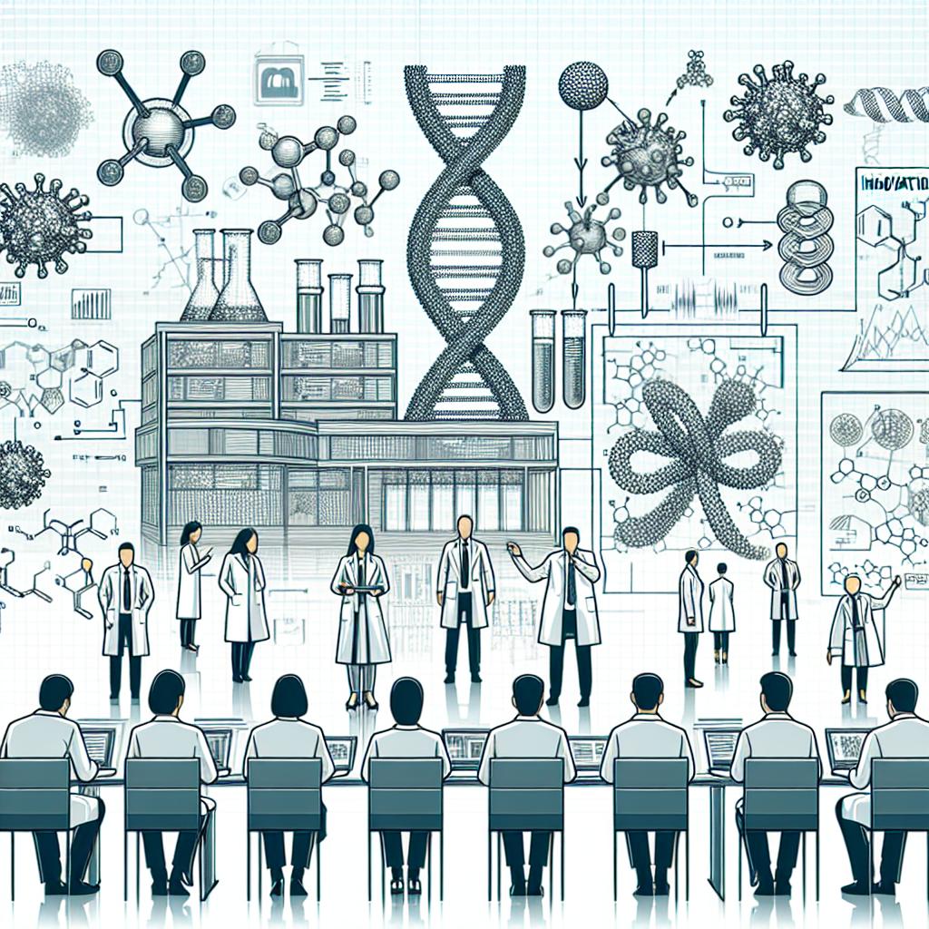 A flat, vector-style and corporate image depicting a contemporary laboratory scene in 2D Linear perspective, against a white, textureless background. Include two groups of unspecified scientists, one standing for a university research team and the other representing a technology company. These scientists are immersed in the works of innovation in protein design and prediction, directly represented by graphic images of protein molecules in the background. The infusion of AI elements through various icons reemphasizes the role of technological innovation in this process. No specific identities or physical attributes are attached to the scientists, preserving their anonymity.