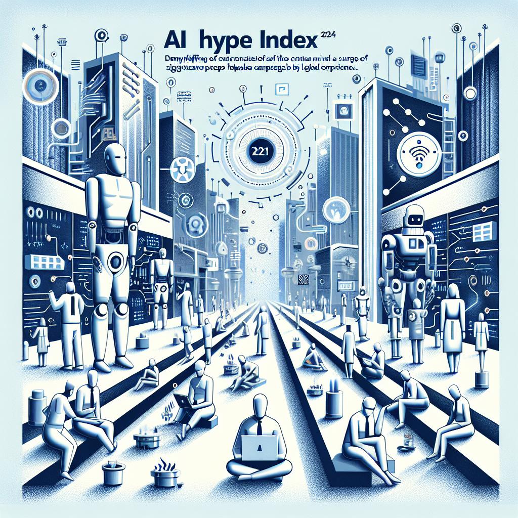 Imagine the year 2024, the AI Hype Index is launching. It aims at demystifying the current state of artificial intelligence amidst a surge of new products and services, emphasizing the lack of significant deepfake campaigns in global elections and the proliferation of innovations by start-ups and large corporations. Depict an artistic representation that includes robots and humans of various global descents and genders casually interacting in a futuristic environment, symbolizing the integration of artificial intelligence into our everyday lives. The style is flat and corporate, utilizing a white, textureless background. The perspective is 2D and linear. Add elements such as robots representing the increasing presence of AI in society, humans emphasizing the interaction between humans and technology, a futuristic cityscape symbolizing a future where AI is integrated into everyday life and circuits and data to represent the technical aspect of AI.