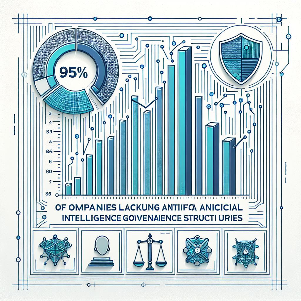 Create a 2D, linear, corporate-style vector image on a white, textureless background. In the center of the frame, depict a graph that represents 95% of companies lacking artificial intelligence governance structures; the graph could take the form of a bar chart or pie chart with predominantly blue and green colors, symbolizing innovation and security. Integrated into the graph or near it, include icons that symbolize ethics and responsibility, perhaps in the form of a balance scale or a shield. The overall composition should communicate a technological theme, reflecting the growing dependency on artificial intelligence in the business world.