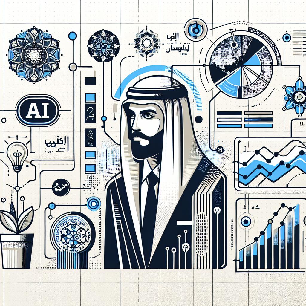 Create a 2D, flat, corporate-style, vector illustration on a white and texture-less background. The image should represent the concept of the AI model 'Command R7B Arabic' introduced today, 27th of February, 2025 by Cohere. This lightweight, multilingual AI model is optimized for Arabic language processing, aimed at aiding businesses in the MENA region with advanced technology for their global teams. Include graphic elements of connectivity to symbolize AI integration in businesses, Arabic cultural symbols to represent the linguistic and cultural specificity of the model, a chart or diagram to visualize the model's performance in business tasks, and colors that signal modern design to convey innovation and technology.