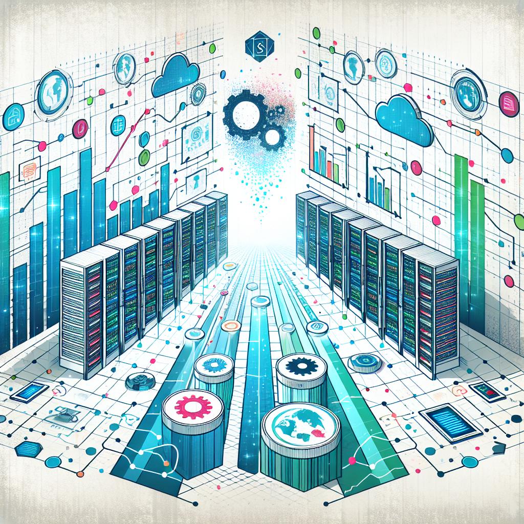 Envision a futuristic 2D linear perspective vector art in a corporate style on a textured white background. The image features visual representations of servers and datacenters, symbolizing the necessary infrastructure for Artificial Intelligence (AI). Overlay graphs indicating growth communicate an increase in AI usage. Incorporate bright colors that evoke a sense of innovation and development. Lastly, include icons representing different technology companies to signify competition in the sector.