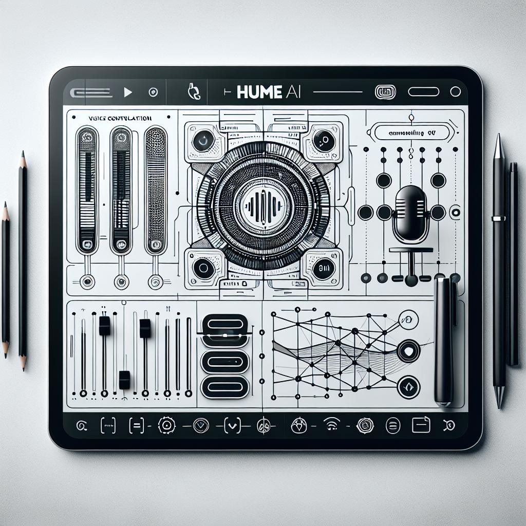 Create a corporate and modern 2D, vectorial, and flat image showcasing the Hume AI's Voice Control interface. The graphic should evoke a technological setting bolstered by elements such as sliders and vocal graphics symbolizing real-time customization and the analysis and modulation of voices. The user interface illustrates the tool's accessibility. The layout should be set on a white, untextured background.