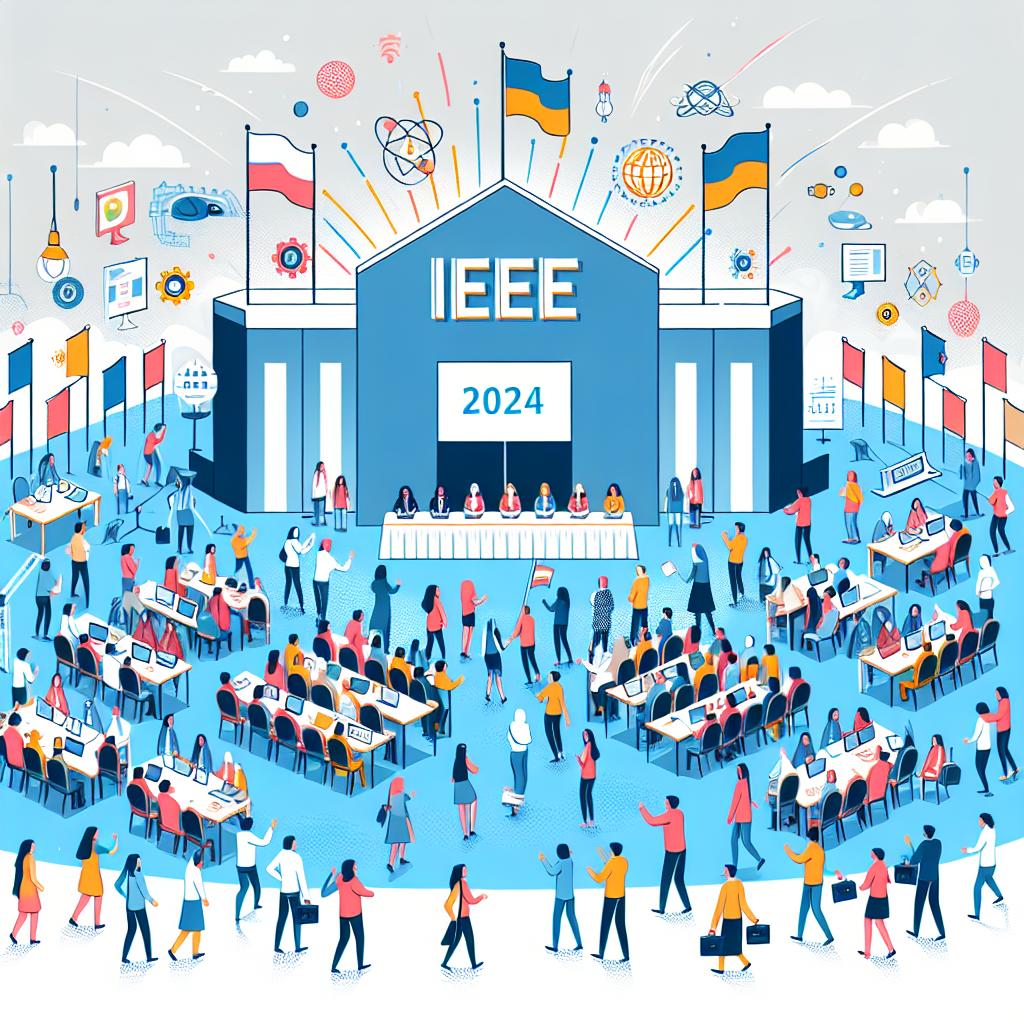 Depict a festive scene celebrating the 15th IEEE Day anniversary held on 1st October, 2024, where the global technology community has come together. This image should be in a flat, corporate, and vector style, with a 2D perspective and a white, textureless background. It should capture the interaction among diverse participants, represented by animated people of different genders and descents at workshops and lectures. Dot the scene with IEEE flags symbolizing the organization's global unity. To emphasize the focus on technological advancements, depict various technological innovations in the background.
