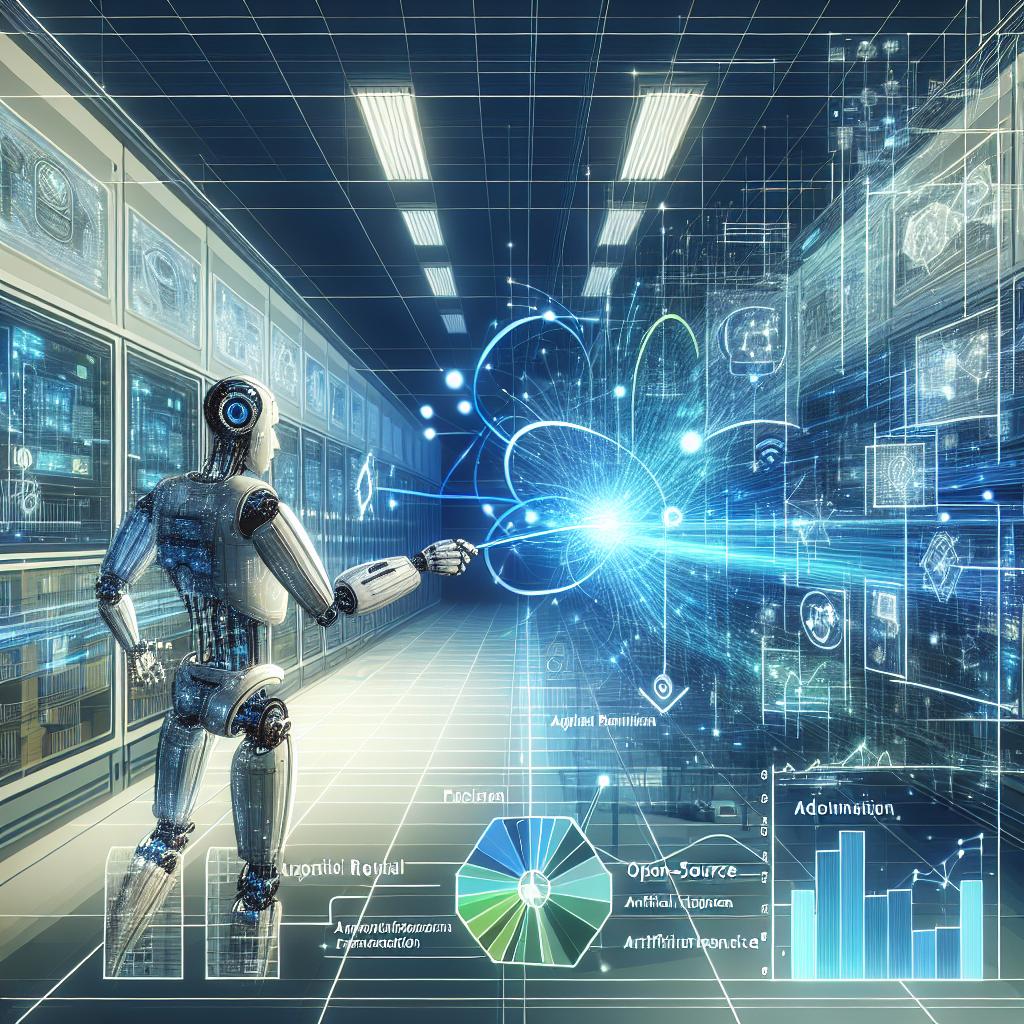 Imagine a scene set in a technologically advanced laboratory filled with both blue and green light, symbolizing innovation in the field of artificial intelligence. In the foreground, a futuristic robot interacts with various digital data and graphs, symbolizing the analysis and processing of vast amounts of information. The robot, an optimized and advanced representation of open-source AI, emulates the autonomous refinement of new model-creation techniques. This vivid and vectorial image has a 2D, linear perspective, providing it with a distinct corporate aesthetic. The background of the image is completely white and textured. The entire layout adheres to the principles of Flat design style.