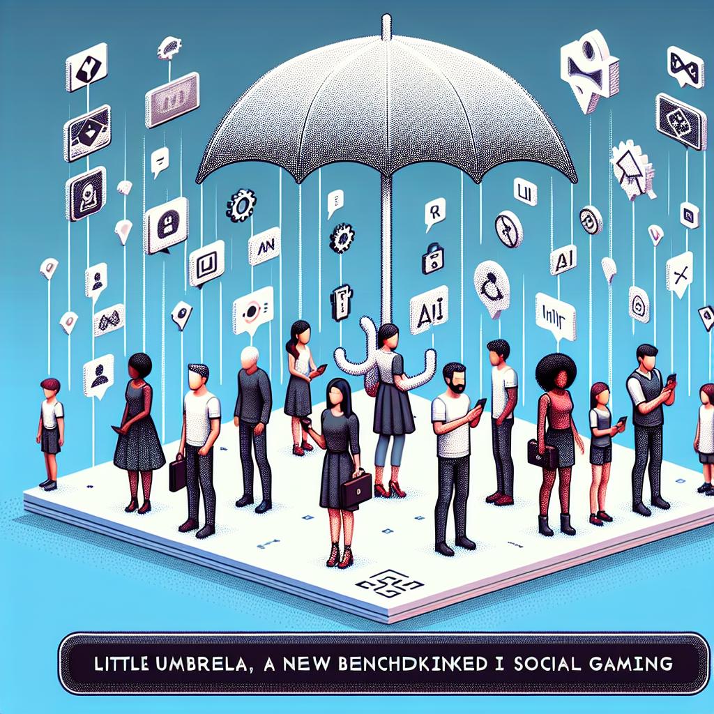 Create an image in a 2D, linear perspective in a vector, flat style suited for corporate branding. The image should have a white, untextured background and represent the concept of Little Umbrella, a new benchmark in AI-driven social gaming. It must include avatars of players, emphasizing a broad range of descedents such as Caucasian, Hispanic, Black, Middle-Eastern, South Asian and White males and females to represent the diversity of the player base. The avatars should be interacting in a vibrant digital environment, symbolizing the innovative nature and technology of the game Death by AI. Elements of social gaming icons and AI should be in the scene to highlight the game's nature and technology applied respectively.