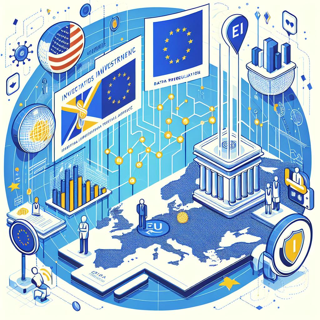 Create an image following a corporate, flat, vectorial style, set against a pure, textureless white background. The image is 2D, linear perspective. Key theme is the depiction of the challenges facing Europe's artificial intelligence industry, particularly in light of regulatory progress. To articulate this, include a visually comparative chart showing the direction of investment in Europe and the U.S in the field of AI. A map pinpointing the prime locations of AI startups in Europe is also included. Icons symbolizing data protection and regulation, plus the flag of the EU and U.S, serve to denote the geopolitical competition between these regions.