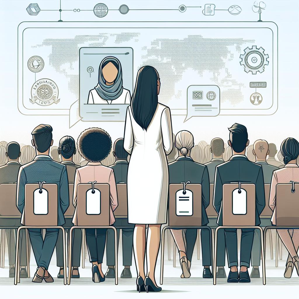 Illustrate a 2D, vector and flat style drawing representing a technology conference scene. In the foreground, please depict a woman who embodies leadership and innovation, hinting at her role within a technology company. Also, place a non-descript logo on an ID tag or display screen, symbolizing the company she works for. The audience consisting of men and women from various descents like Middle-Eastern, Caucasian, Black, White, Hispanic, and South Asian, symbolizes the inclusivity promoted by this leader. The background should be white and without texture.