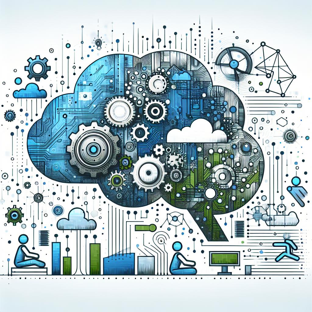 Create a 2D, linear perspective image in a vectorial and flat style, visually portraying the impact of Generative AI in the IT industry. The image is set against a white, texture-less background. The scene showcases the concept of innovation, technology, and digital transformation. Incorporate visual elements such as gears and circuits to symbolize efficiency and technological development. Abstract figures are present as well, symbolizing artificial intelligence. The color scheme of the image leans towards modern and cool shades of blue and green, representing technology and innovation.