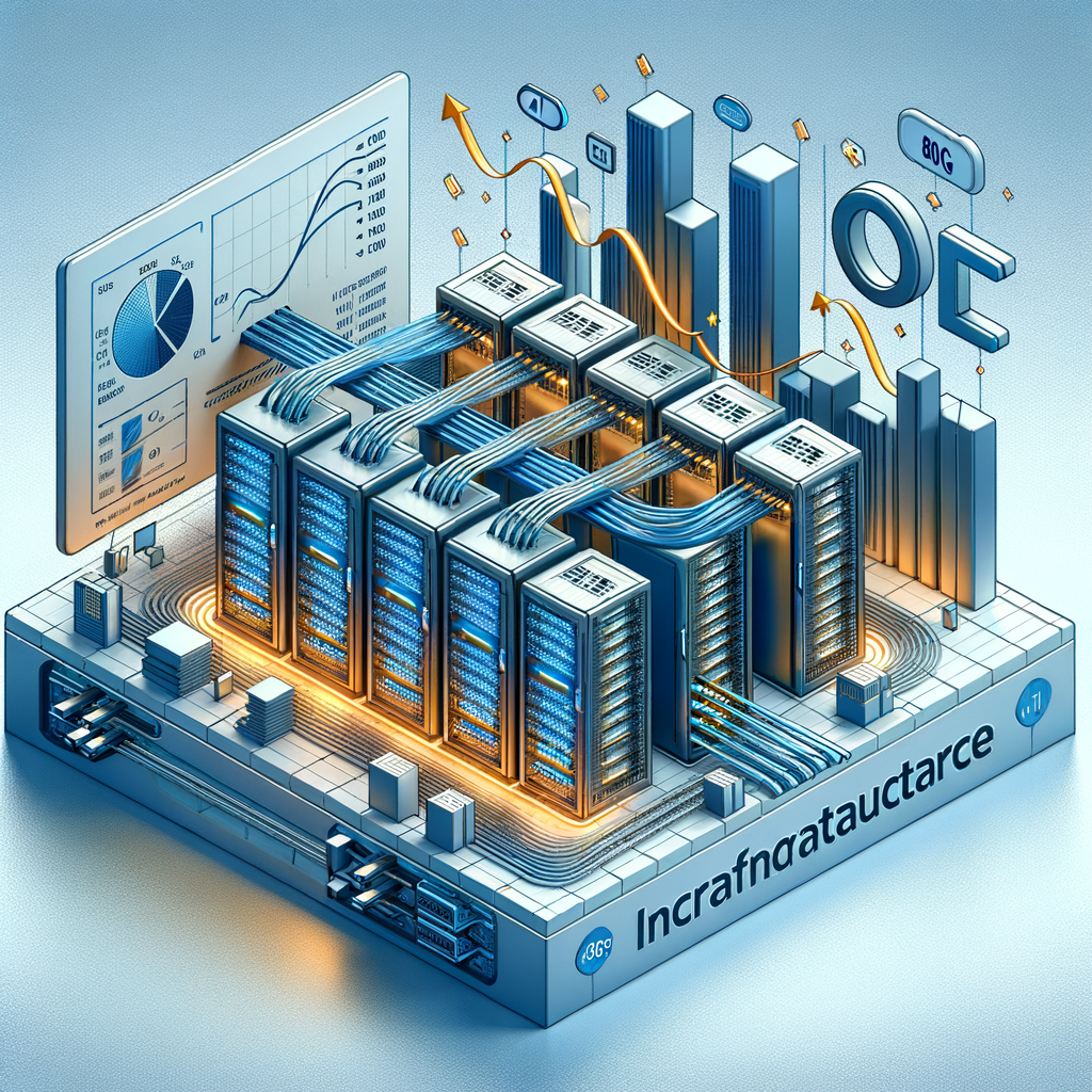 Imagine a 2D flat style, corporate vector image on a plain white, textureless background. The image depicts a data center representing the infrastructure of AI, populated with optical transceivers highlighting the breakthrough 800G and 1.6T modules. High-speed optical fiber cables symbolize high-speed connectivity. Embedded within this infrastructure are performance graphs indicating an increase in bandwidth and a reduction of latency, representing the advancements made by the company. Meanwhile, a logo of a fictitious tech company is present manifesting the mark of technological innovation.