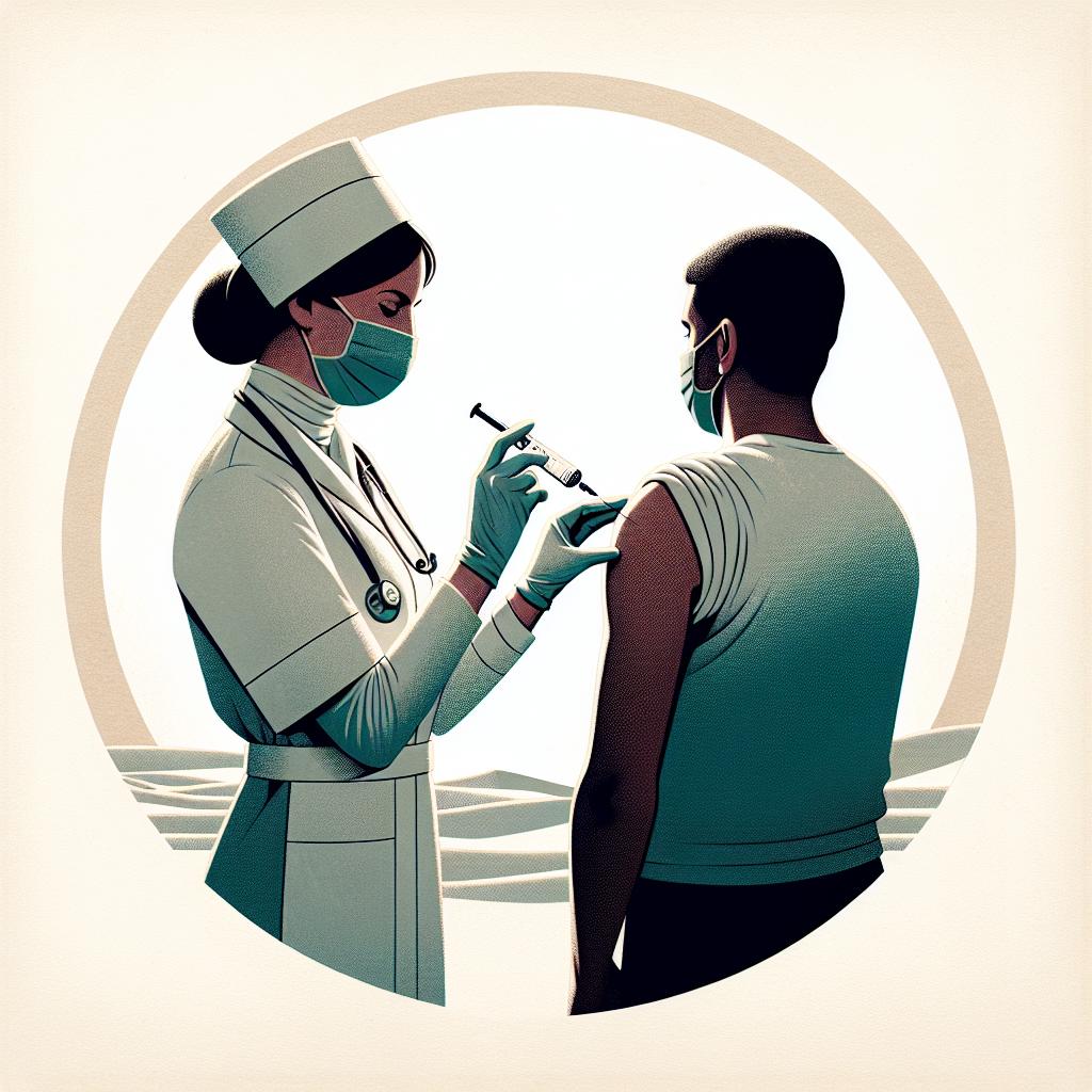 Create a 2D, vectorial, corporate-style image set on a plain white, textureless background. The artwork should depict a Caucasian female nurse, representing care and health, administering a vaccine to a middle-Eastern male patient, who symbolizes vulnerability and need for protection. Make the environment appear clean, well-lit and hopeful, suggesting safety and efficacy of health services.