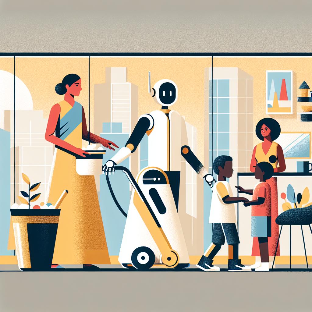 Create a 2D, linear perspective image in a flat, corporate, vectorial style on a plain, white, untextured background. The central focus should be on an amicable, humanoid robot involved in day-to-day tasks helping diverse people in a modern domestic environment, symbolising the integration of technology into everyday life. Illustrate a South Asian man, a Hispanic woman, and a Black child interacting with the robot to humanise the technology. Ensure the colour scheme for the pictorial framework includes warm and inviting colours to convey a sense of comfort and innovation.