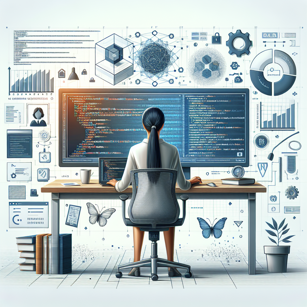 Create an image in a 2D, linear perspective with a flat, corporate style on a white, untextured background. The central design should show a South Asian female software engineer working at a computer, surrounded by graphics and codes on the screen. She should be situated in a modern technological environment, symbolizing the intersection between artificial intelligence and software development. Scatter pieces of coding symbols and challenges around for additional context. Include graphs which represent data and results of benchmarks. Also include reference books in the scene to signify the pursuit of knowledge and best practices.