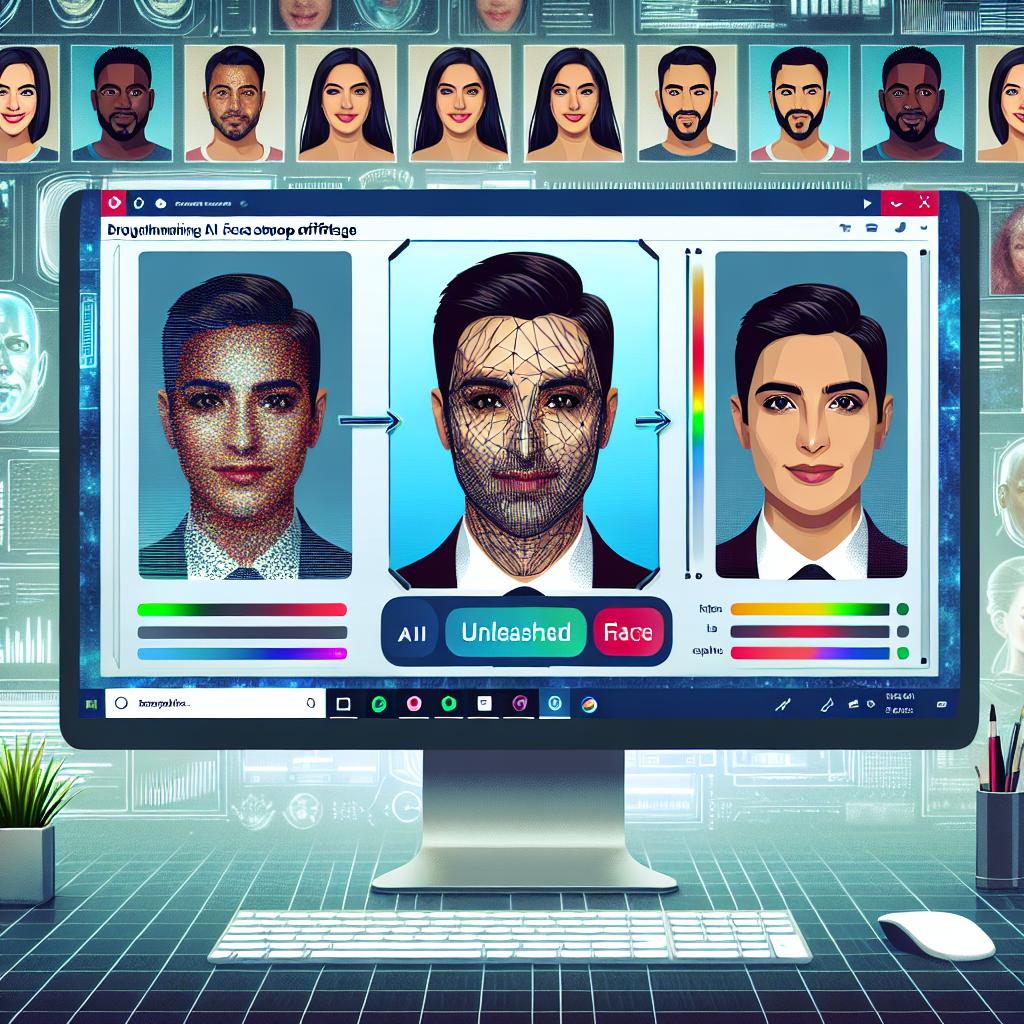 Create a 2D, linear, and flat vector image that represents the interface of a groundbreaking AI-based face swap software named ROOP Unleashed. The image should depict a computer screen displaying faces of people from different descents, such as Hispanic, Middle-Eastern, and Caucasian, being swapped in real time. Emphasize the software interface and the swapping functionality. Use bright and attractive colors to draw attention. Incorporate elements of artificial intelligence to signify the nature of the software. The backdrop should be futuristic and technological, reflecting a sense of innovation with a textureless white background.