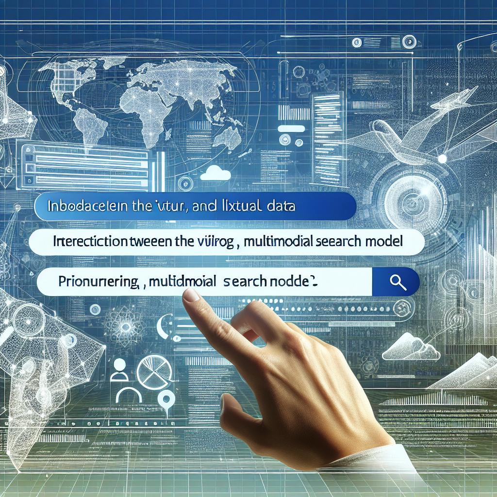 Create a 2D, Linear perspective image in a Flat, Corporate, and Vector style. The image should have a textureless white background. It should depict a futuristic search interface, aiming to symbolize the interaction between the visual and textual data of the pioneering multimodal search model, Embed 3, introduced by a company called Cohere on October 22, 2024. The interface should integrate text and image icons that emphasize multimodal searching. The backdrop can consist of an amalgamation of graphics and codes, representing the technology behind it. The colors blue and green should be dominant, conveying a sense of technology and innovation.