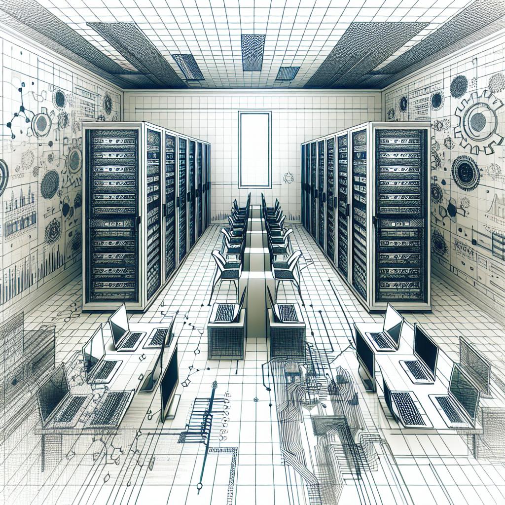 Generate a 2D linear perspective image, in a non-textured white background that embodies the corporate and flat vector style. Depict a modern technology room filled with laptops and servers symbolizing both the PC market and AI infrastructure respectively. Integrate growth charts into the image to portray the increase in revenue, and incorporate a technological background to underscore innovation.