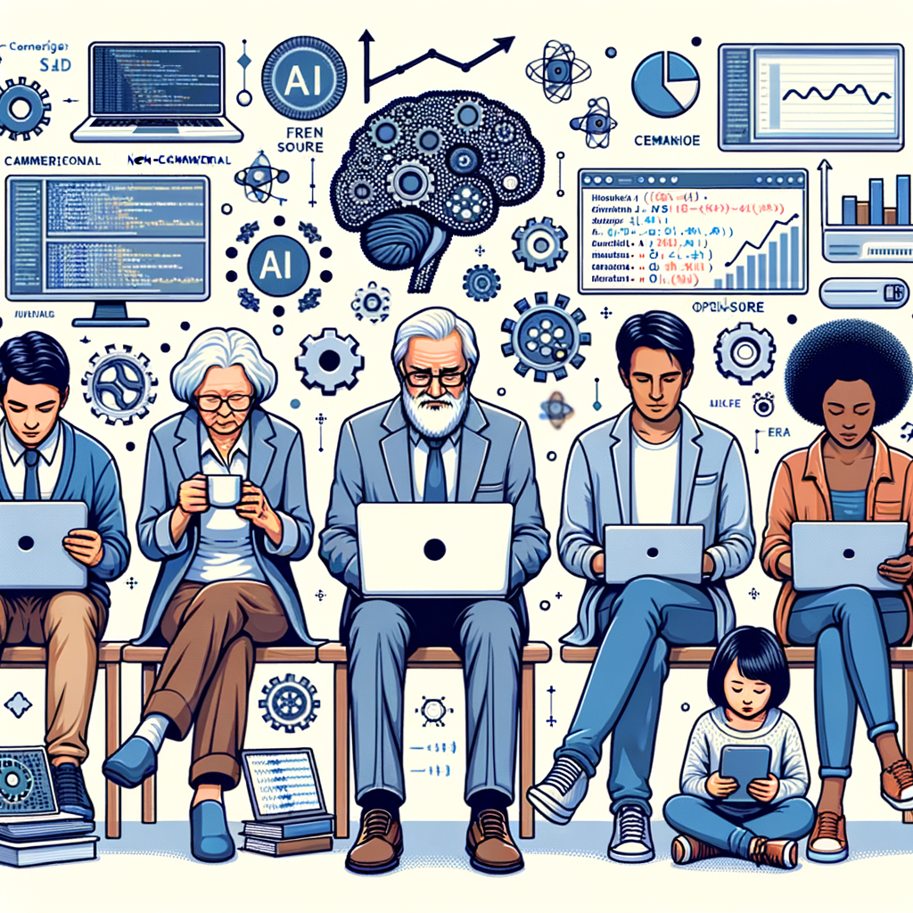 Create a 2D, linear perspective artwork in a vector, flat, corporate style, on a white, texture-less background. It features a diverse group of people: a young Middle-Eastern male researcher deeply engrossed in his laptop, an elderly South Asian female creator coding on her desktop, a Black male tech enthusiast glued to his tablet, and a Caucasian young girl exploring AI on her mobile. Surrounding them are AI symbols and open-source icons, symbolizing the free use of AI models provided by Stability AI for research, non-commercial, and commercial use, as long as annual revenues don't exceed $1M. The backdrop consists of data and graph charts illustrating constant research and development.