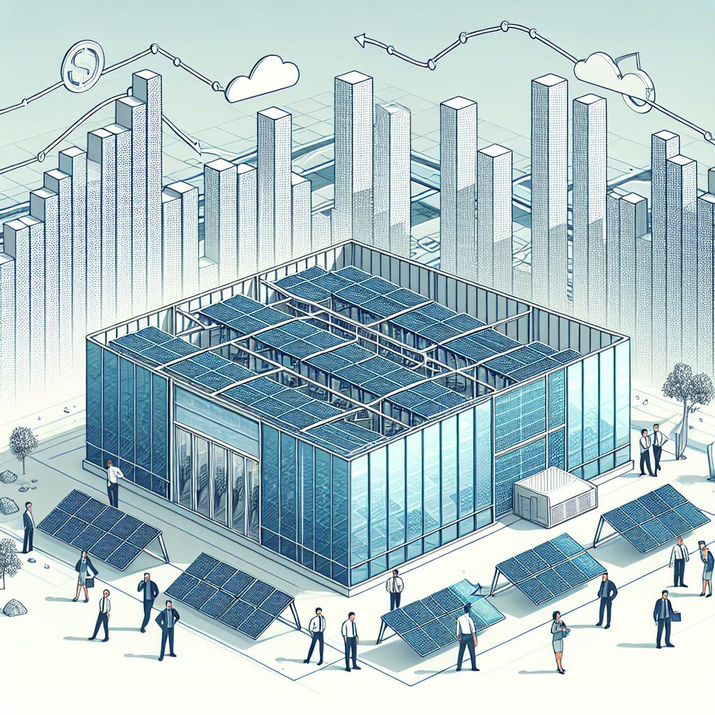 Create a vector style, corporate themed illustration in a 2D, linear perspective. Portray a modern, sustainable data center surrounded by solar panels, representing the essential AI infrastructure and investment in renewable energy. Have technologically equipped professionals of mixed-gender and descent hard at work inside this advanced environment. On a smooth white background, overlay increasing graphs indicating the rise of investment in AI. The entire scene should embody Wall Street's infusion of capital into AI initiatives that promise to reshape the digital future.