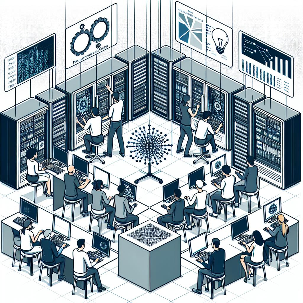 Depict a vector-style, corporate, flat 2D image viewed from a linear perspective. The scene is in a collaborative workspace currently being utilized by a group of researchers and students of various genders and descents (Caucasian, Hispanic, Black, Middle-Eastern, South Asian, White), each working on small portable computers. These computers symbolize portability and accessibility of advanced technology. Illustrate the spirit of democratization of AI technology, reflected in the cooperative efforts of the users. Also, include performance graphs on the screens or floating in the air, representing the impressive technical capacities of the supercomputer they are using. The background should be white and textureless.