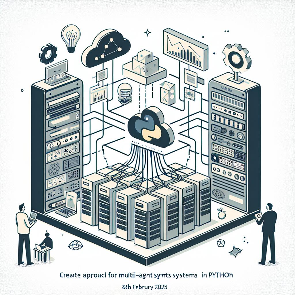 Create an image, in a 2D linear perspective and vector style, that encapsulates the idea of a researcher on 8th February 2025, presenting a new approach for multi-agent systems in Python using asynchronous High-Performance Computing (HPC) patterns that promise to revolutionize the integration of intelligent agents in Machine Learning (ML) development. The image should be in corporate flat style with a white, texture-less background. It should visually represent a computing cluster denoting the HPC infrastructure, interconnected IoT devices symbolizing the integration of cutting-edge technology, performance graphs illustrating the effectiveness of the discussed methods, graphic processing unit (GPU) cores emphasizing the task acceleration, and a cloud indicating the scalability and modernity of the solutions.