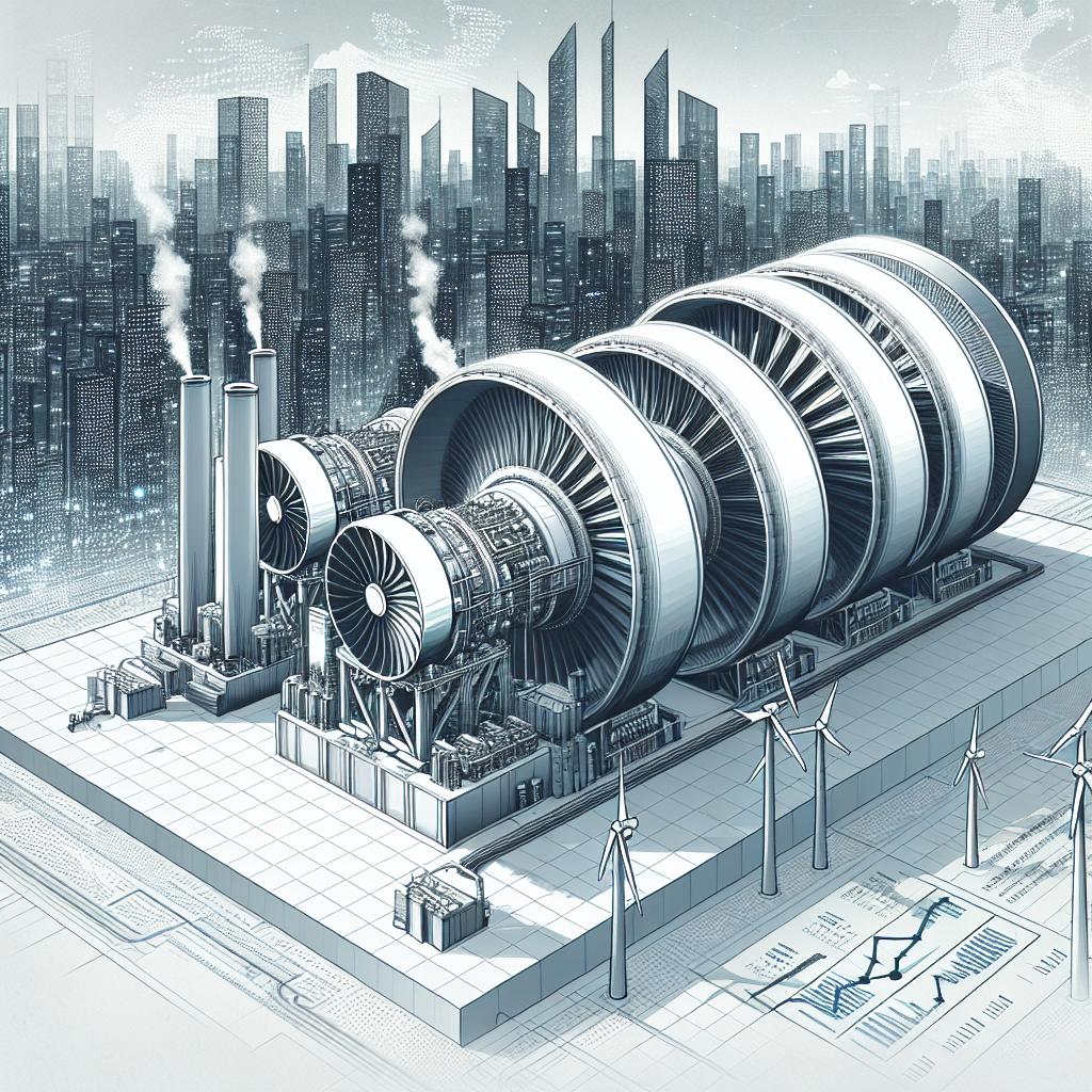 Generate an image in modern vector, flat, corporate-style, with a white and textureless background, representing a high-tech, advanced data center. The artwork should primarily feature gas turbines, symbolizing the energy source for future data centers. Include an artistically incorporated cityscape, suggesting the large scale of energy consumption from these centers and its relation to urban life. Enhance the narrative with visual representations of growth charts, illustrating the predicted rise in energy use. Maintain a 2D linear perspective to present the complex picture of energy operations in these modern infrastructure facilities.