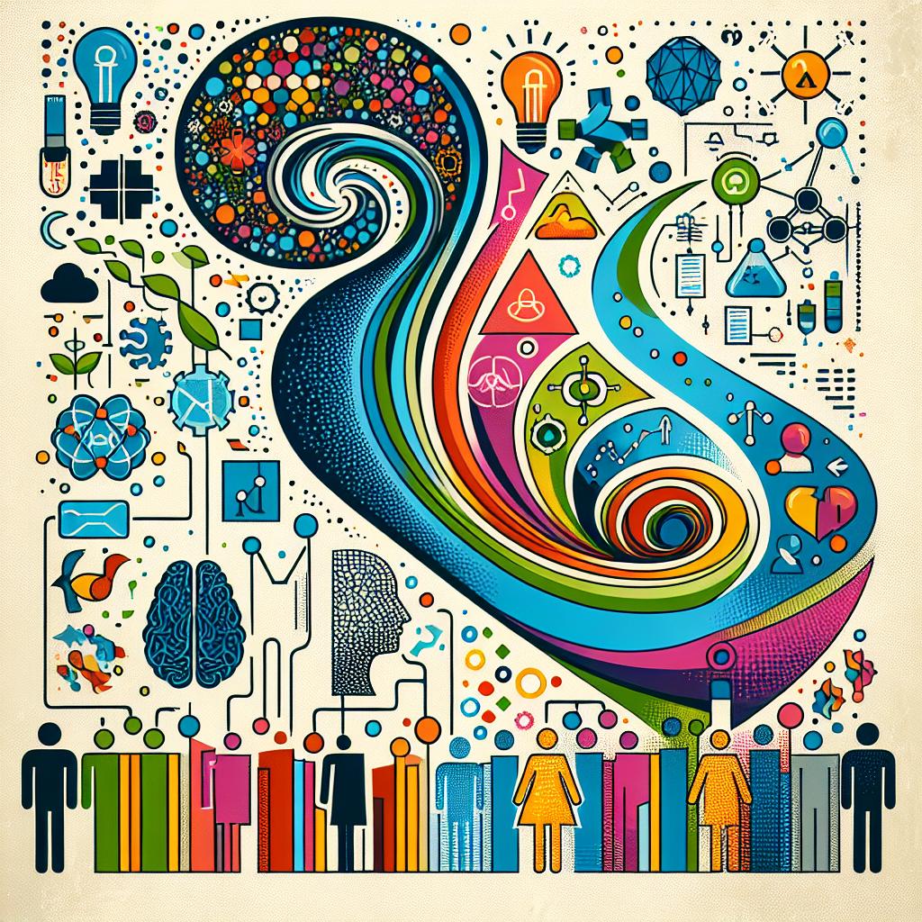 Create a 2D, vector-style, corporate design illustration on a blank, untextured background. The image should portray the evolution of Artificial Intelligence from Language Models (LLMs) to Large Quantitive Models (LQMs). The transition from LLMs to LQMs should be abstractly represented, with elements symbolizing health and renewable energy to reflect the potentials of these technologies in these fields. Add vibrant colors to represent innovation and progress. Include graphical elements and icons depicting data and analysis. Also, incorporate silhouettes of people of various genders and descents, showing collaboration on the project, which emphasizes the importance of teamwork.