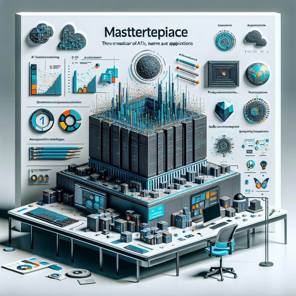 Create a 2D, vector-style image presenting the new Masterpiece architecture from FutureAI, launched on November 1, 2024. It promises to revolutionize the creation of AI-native applications with generative customization capabilities, all accessed through its secure structure. The image should represent this structure of Masterpiece in a corporate, flat style against a plain, white, and untextured backdrop. Add data graphics symbolizing the gathering and analysis of user data. Also incorporate futuristic colors that portray innovation and advance technology. An element representing privacy and safe handling of data should be highlighted prominently.