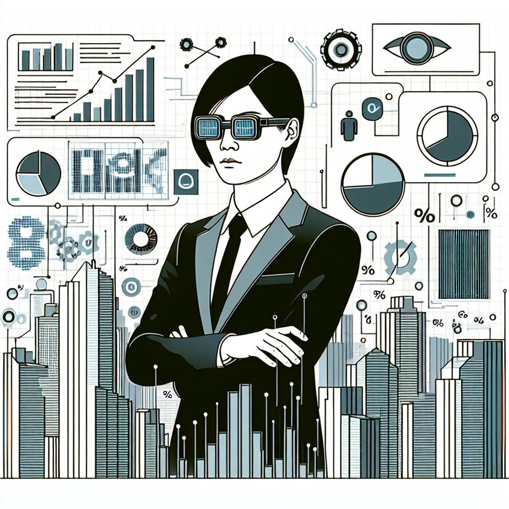 A vector-style, flat, corporate illustration in 2D linear perspective. The scene depicts an androgynous Asian individual in an urban environment, wearing high-tech glasses. The glasses, a symbol of modern technology, have a sleek, high-tech design. Around the person, are floating graphics and symbols that represent data collection: graphs, charts, and percentage numbers, they encroach upon the individual, illustrating the invasive nature of privacy breaches in the world of technology. The complexity of the modern urban life is symbolized through cityscapes in the background. The image is set against a plain, textureless white background.