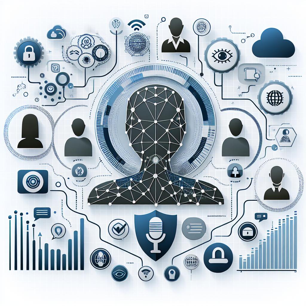 Depict a 2D, flat, corporate-style vector image that portrays the collaboration between voice technology and digital security. The background should be white and textureless. The image should contain data graphs that represent advancements in voice detection, human silhouettes in various descents symbolizing the diversity of accents and languages. Present security icons to illustrate digital integrity. Additionally, include a depiction of a network to suggest collaboration between companies. All objects and elements should be appropriately incorporated to highlight their individual roles in combating fraud through enhanced technology for deepfake detection.