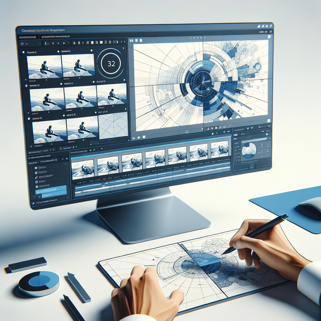 Create an image in a 2D, linear perspective. The background must be white and textureless. In the center, there is a flat, vector-style computer screen showcasing a video that is being edited. The video displays images with applied segmentation masks, representing the advanced features of the new-generation object segmentation tool, SAM 2. The logo of a modern tech company is displayed in the top right corner of the image. The company's logo is not specified but the color palette of the logo and the overall image should be predominantly blue and white, symbolizing modernity and technology.