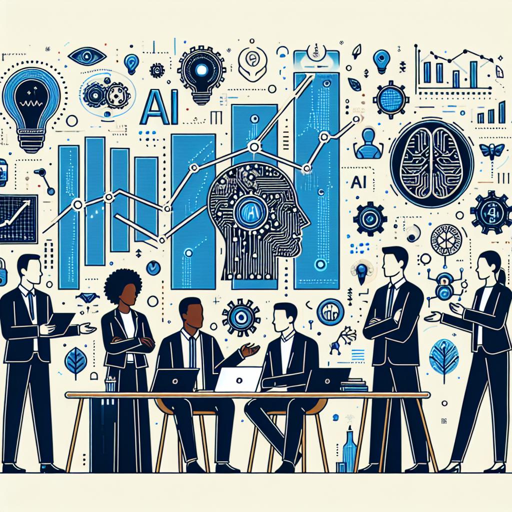 Create a 2D, linear, flat, corporate-style vector illustration on a plain white background. The composition features representatives from two tech companies discussing innovative AI technologies. The company representatives, symbolizing leadership and innovation in the sector, are racially diverse and from different genders. The backdrop showcases increasing graphs, depicting increments in revenues and active users. Additional elements of technology like circuits and AI icons, indicating their connection with the theme, are cleverly overlaid across the scene.