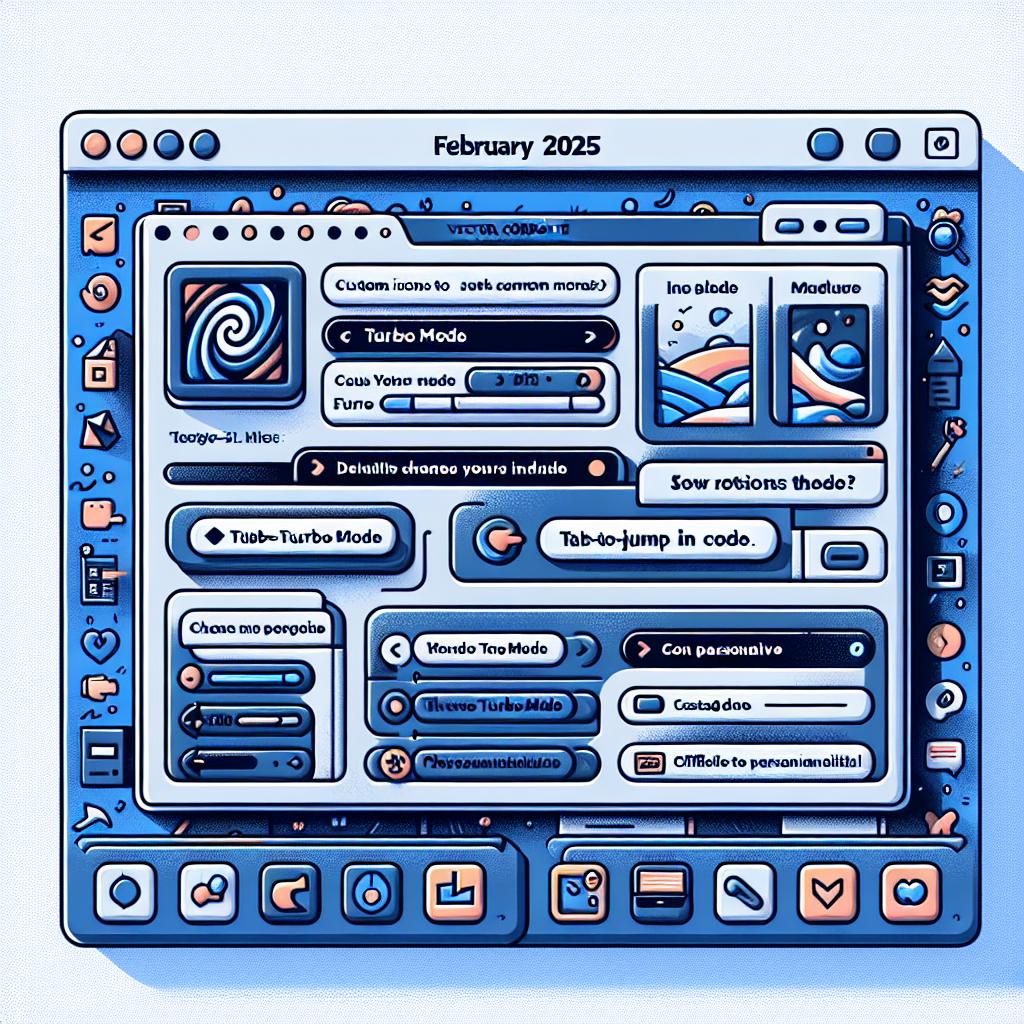 An image in a vector, flat, corporate style. The perspective is 2D, linear. The scene occurs in February 2025 and features an updated panel of Cascade software with new functionalities in focus such as Turbo Mode and icon personalization for Mac users. It is set against a white, texture-free background. Additional elements include custom icons illustrating different options available for Mac users, a highlighted panel showing how Turbo Mode changes the interface, and a screen displaying the use of Tab-to-Jump in code.