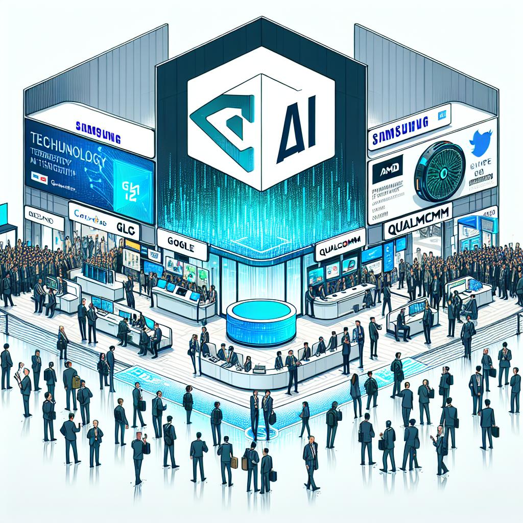 Illustrate a vivid scene from the Consumer Electronics Show of 2025 in Las Vegas. Top tech firms such as Samsung, Google, LG, Qualcomm, and AMD are showcasing their cutting-edge AI innovations that are set to transform PCs, personal assistants, and wearable devices. The style should be vector-based, flat, and corporate with a white, texture-less background. The perspective is 2D and linear, which needs to capture the essence of the event and the emotions of the crowd. Include additional elements such as an enthusiastic crowd signifying the growing interest in technology, technology company booths exemplifying the market competition, interactive displays symbolizing the interactivity AI brings, and featured products representing everyday-changing innovations.