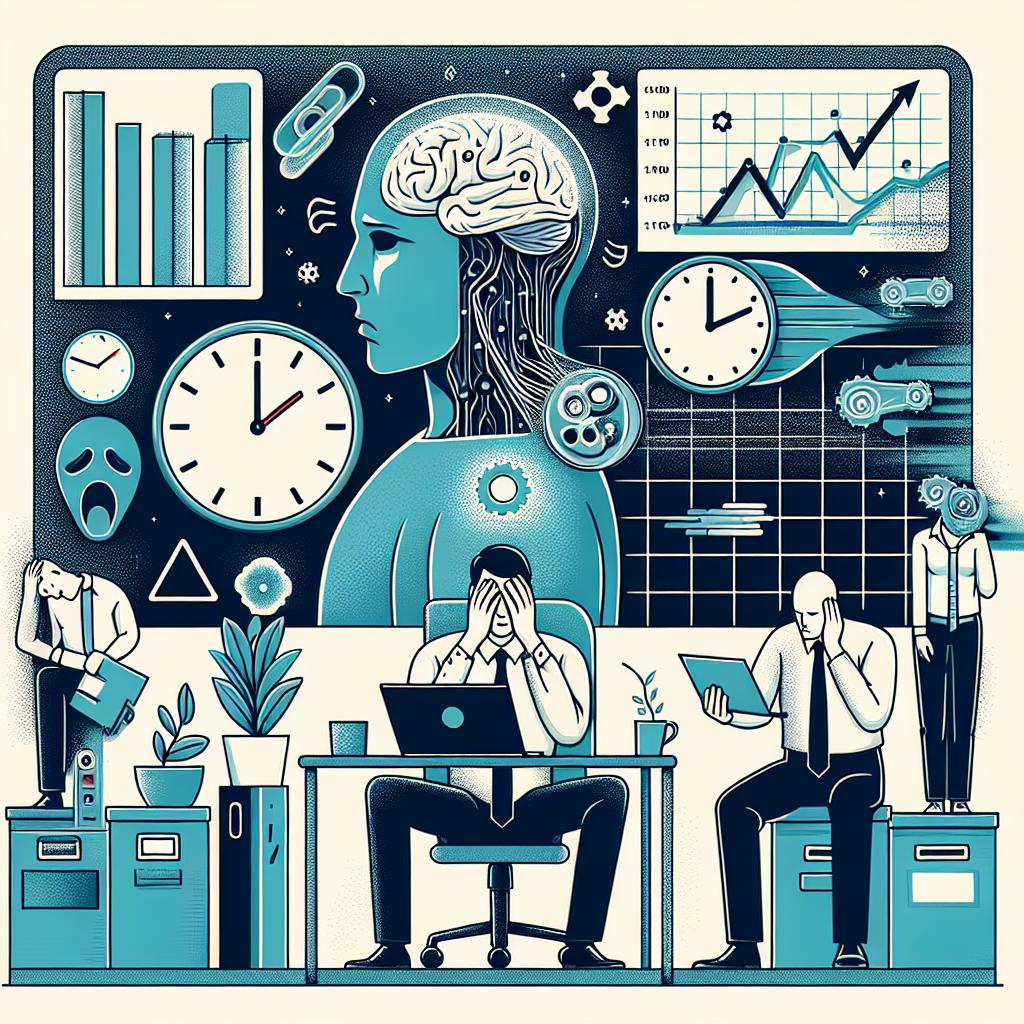 Create a flat, vectored, corporate-style illustration in 2D linear perspective against a white, texture-free background. This image should portray the pressure faced by AI researchers within highly competitive industries, like that of OpenAI and Google. Elements to include are symbols of stress to vividly depict the emotional strain of the researchers, performance charts highlighting the competition and high productivity expectations they face, an accelerated clock symbolizing the urgency and long working hours, and silent people representing isolation and lack of support.