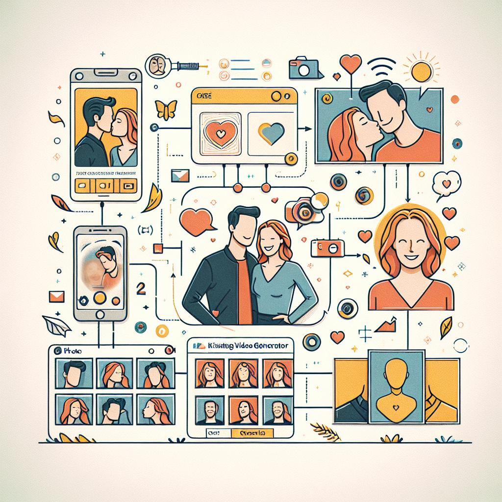 Create an image in a corporate, linear, 2D vector style, highlighting the interface of the innovative artificial intelligence-based kissing video generator platform, VividHubs.ai. The platform allows users to create unique and realistic moments by simply using two photos. The image must be set on a white, textureless background. It needs to convey the process of creating the kissing videos from photos. Additionally, it should feature warm colors to convey emotion and intimacy, icons of photos and videos to emphasize the creation process, and depictions of people smiling, representing happiness and emotional connections.
