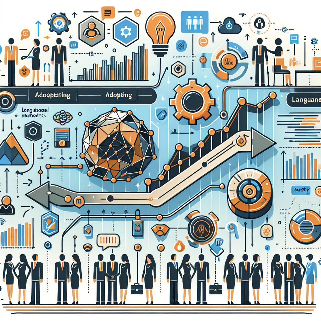 Create a 2D, flat-style, corporate vector illustration on a white, textureless background that reflects the modern collaboration between companies in adopting generative artificial intelligence (GenAI) in October 2024. Highlight a data flow between language models and analytics platforms. Include additional elements such as upward-trending growth charts to depict the positive impact of adopting GenAI, safety icons that symbolize data protection, illustrations of teams comprising people of diverse descents and genders collaborating in technology, and integration arrows that emphasize the smoothness between different technologies.