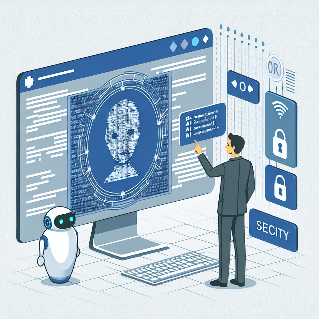 An image in a 2D, linear perspective and vector, flat, corporate style that exhibits a contemporary workplace setting. The scene includes an individual who is shown to be interacting with an AI assistant. They aren't specifically Peter Guagenti, but should denote an executive of a tech company. Surrounding them, there should be visible codes on a screen symbolizing a focus on software development. Security icons should be prevalent in the background, indicating the significance of privacy in Artificial Intelligence. The backdrop is plain and untextured white, providing a modern touch to represent new work practices in the sector.