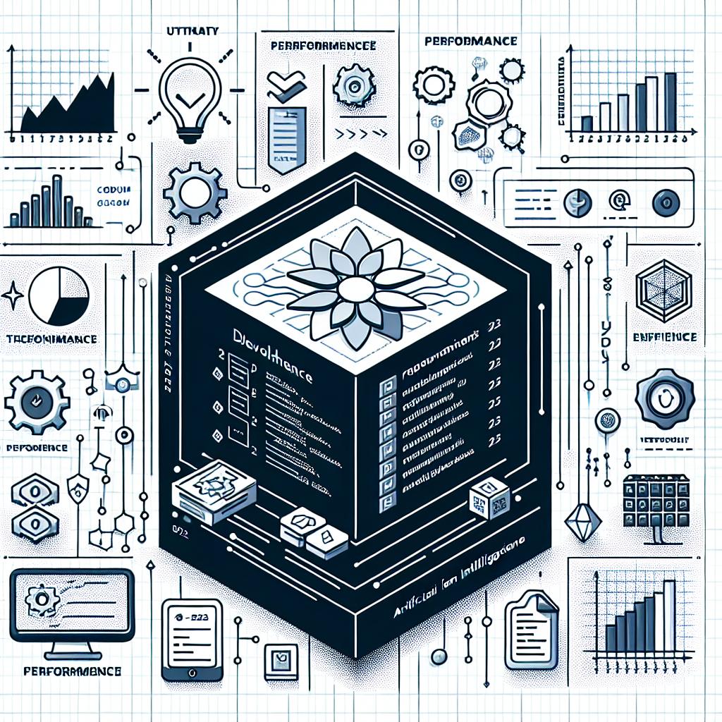 Illustrate a 2D, linear, flat corporate-style vector image with a white, texture-free background. The image should represent the updates and improvements in Codeium's technology and development tools in December 2022, with a focus on artificial intelligence. Incorporate elements of programming icons that symbolize the developmental tools. Include performance graphs that showcase the efficiency transformations. Also, feature a background filled with programming code to underscore the focus on innovation and programming. The overall image should set the stage for a promising 2023.