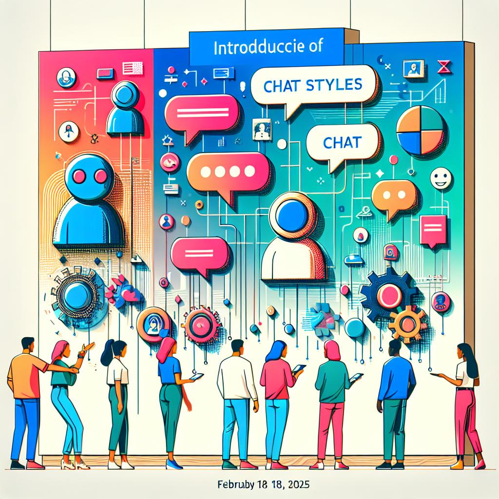 Produce a vibrant 2D linear vector flat style illustration representing the introduction of 'Chat Styles' in a modern digital environment for a virtual character interaction platform, Character.AI, effective from February 18, 2025. The image should be set on a white, textureless background. Display a range of available chat styles with animated characters interacting in the background to represent user interaction. Incorporate different vibrant colors to bring out the diversity of chat styles and graphic elements related to chat to symbolize communication and interactivity.