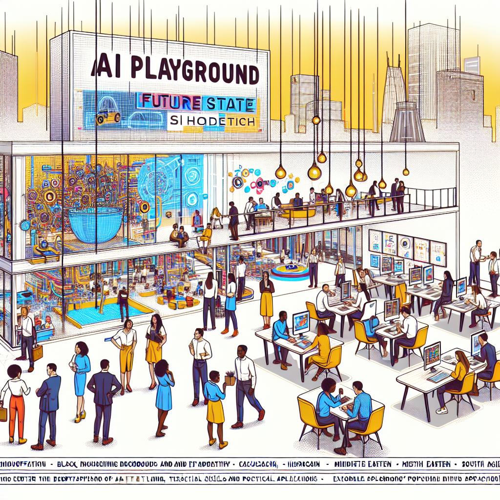 Imagine a future state in 2025, where an innovation and learning center, named the 'AI Playground', is being inaugurated in Shoreditch, London. This center is dedicated to the demystification of Artificial Intelligence (AI), teaching practical skills, and exploring potential applications. Visualize a vibrant vector-styled, flat, corporate 2D linear perspective image of the AI Playground. Envision professionals from diverse ethnic backgrounds and genders, such as black, Caucasian, Hispanic, Middle eastern and South Asian men and women, are actively engaging and experimenting with AI technologies in a collaborative workspace. The surroundings are filled with advanced technology tools, highlighting the focus on AI. Apply vibrant colors to symbolize innovation and creativity, set against a white, texture-less background.