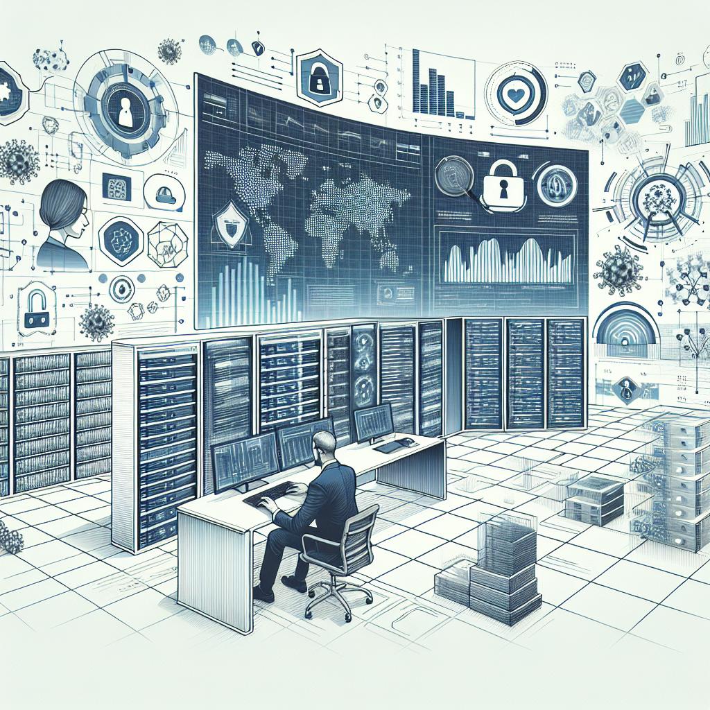 Generate a corporate-style, flat and vectorial image that represents a cybersecurity analyst working with GenAI tools in a digital environment. The illustration should be set against a plain, textureless white background. The scene's 2D, linear perspective should reveal a contemporary data center, with visible cybersecurity elements such as real-time threat graphics and data. Additional elements to include in this detailed, conceptual illustration are dynamic graphs representing real-time data analysis, visual representations of cyber threats to underscore the effectiveness of the GenAI, symbols of a cutting-edge digital environment communicating technological innovation, and security icons symbolizing an emphasis on data protection.