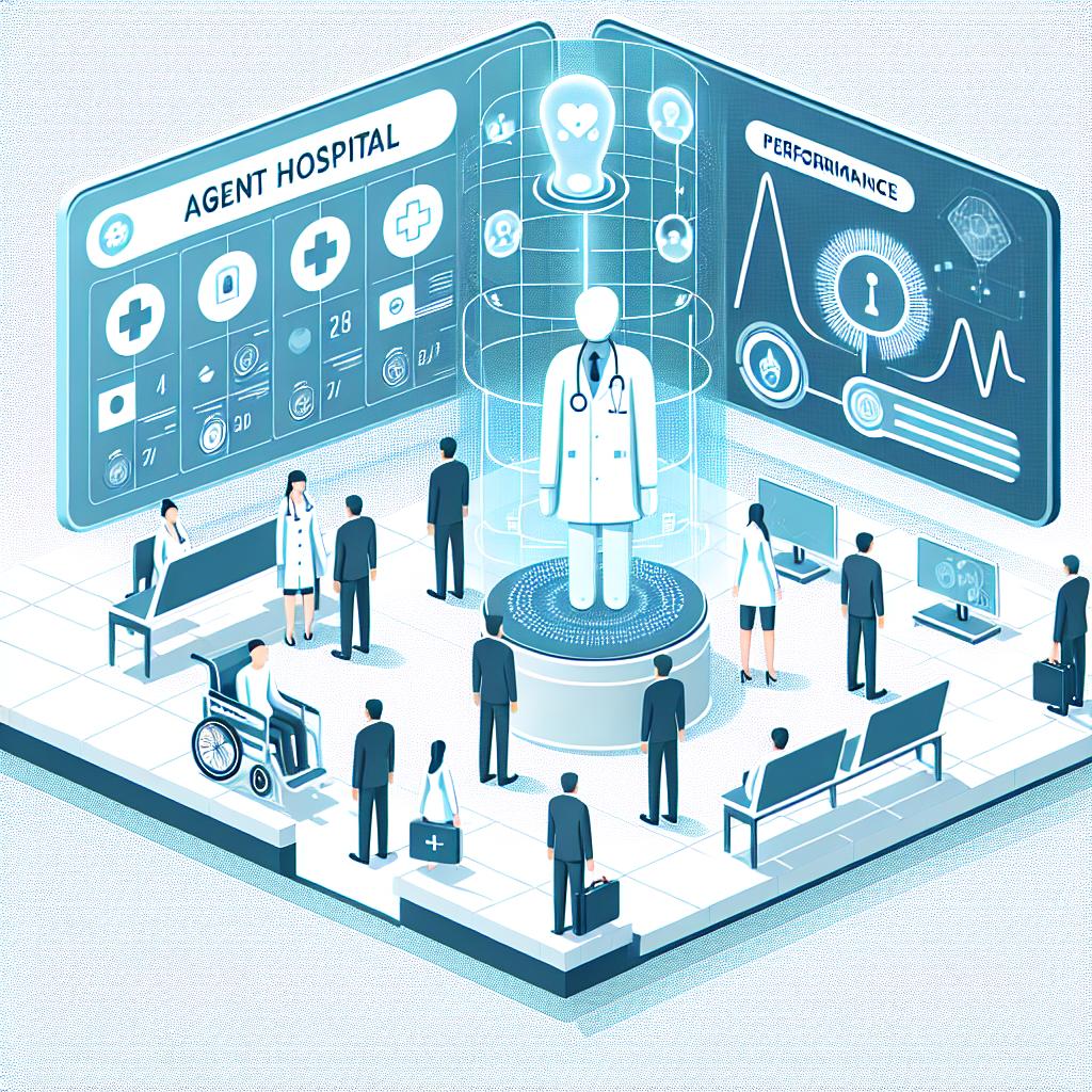 Visualize a vector-style, flat, corporate image conveyed with 2D and linear perspectives on a white, non-textured background. The subject is the 'Agent Hospital', a virtual hospital platform concept from a start-up in China. There are representations of artificial intelligence (AI) acting as virtual doctors, attending to virtual patients. The patients symbolize people receiving healthcare services. The background is digital, symbolizing innovation and technology. Moreover, performance graphs are included in the composition to highlight the efficiency of AI doctors.