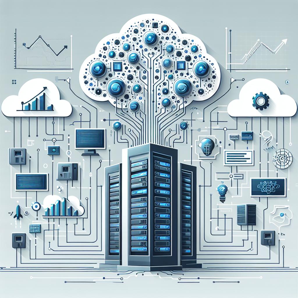 Create a 2D, vector-style illustration that depicts a growing artificial intelligence infrastructure. In a flat, corporate style, featuring a plain white background, the image should include several prominent elements: servers symbolizing data processing capacity, clouds representing cloud computing, and growth charts highlighting market potential. Incorporate metallic colors to suggest technology and modernity. Make sure to convey a sense of technological innovation and advancement in the overall design.