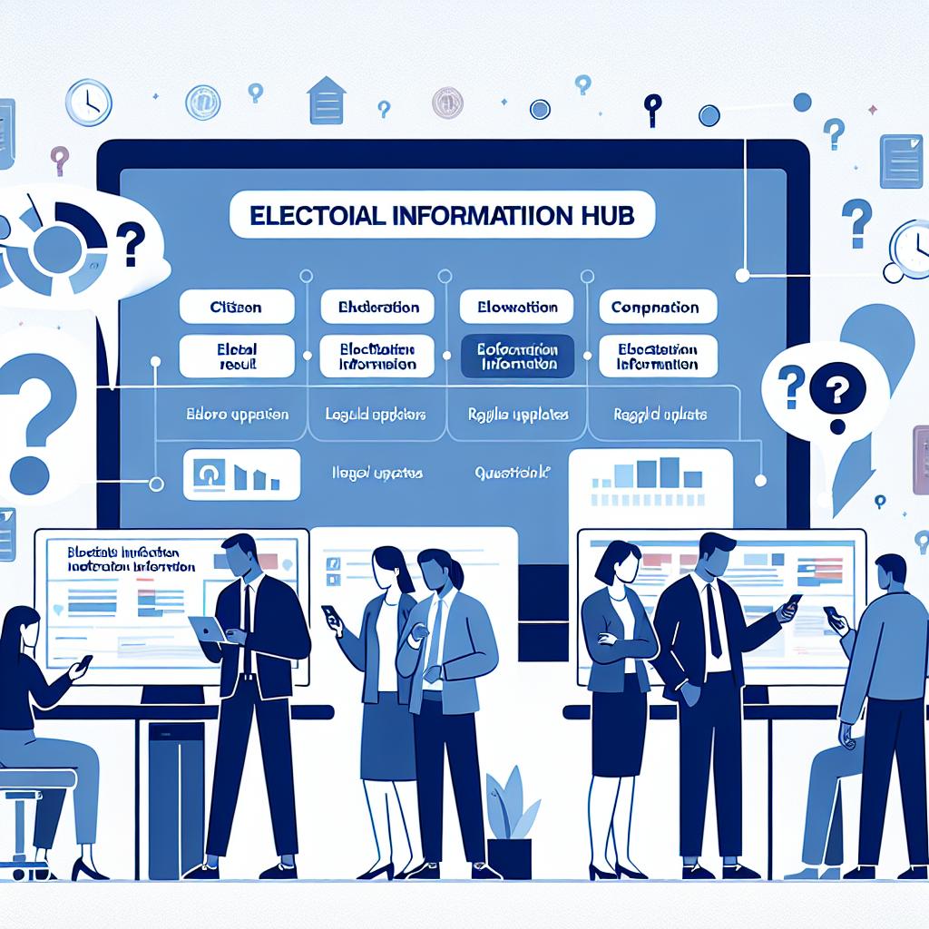 Illustration in a flat, 2D, vector-style of citizens standing in front of computer screens, reflecting engagement and access to information. In the image, these citizens of various descent and gender are utilizing an Electoral Information Hub on their mobile phones, emphasizing the accessibility and importance of information in the election process. Add symbols such as electoral result graphs symbolizing regular updates and transparency, and question icons showing the interactivity of the hub. The setting is on a white, texture-less background. Use corporate color scheme, predominantly in hues of blue and white, instilling a sense of trust and clarity.