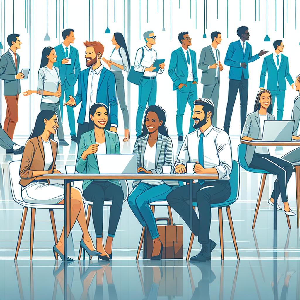 Title: Building Professional Relations. The image vividly illustrates a racially diverse group of young professionals engaged in an open workspace, embodying the concept of networking and career growth through collaboration. Visual Style: Vector-like, simplistic, and corporate. The image is set against a white and textureless background. Perspective: 2D, Linear. Additional Elements: A diverse group featuring Caucasian, Hispanic, Black, Middle-Eastern, and South Asian individuals well-represented within the workspace. An open office environment is emphasized to symbolize collaboration and networking. Smiling faces and interactive scenarios symbolize the building of positive relationships.