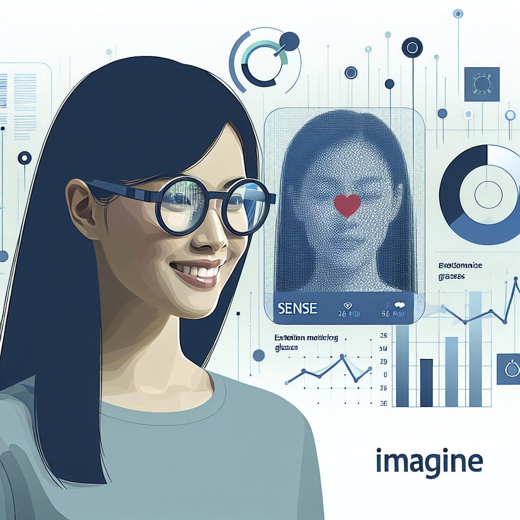 Imagine a 2D, vector-style, and corporate illustration. The scene takes place in a modern, yet minimalistic environment with a lack of texture and a white backdrop. At the center of the frame, we see a South Asian woman wearing a pair of new, high-tech glasses called Sense. She is smiling, highlighting the emotional monitoring functionality of the glasses. Surrounding her are floating data graphics, represented in a flat, digital manner, designed to depict the various features of the glasses. These graphical elements reflect the innovative nature of the environment and are in harmony with the contemporary aesthetic of the setting.