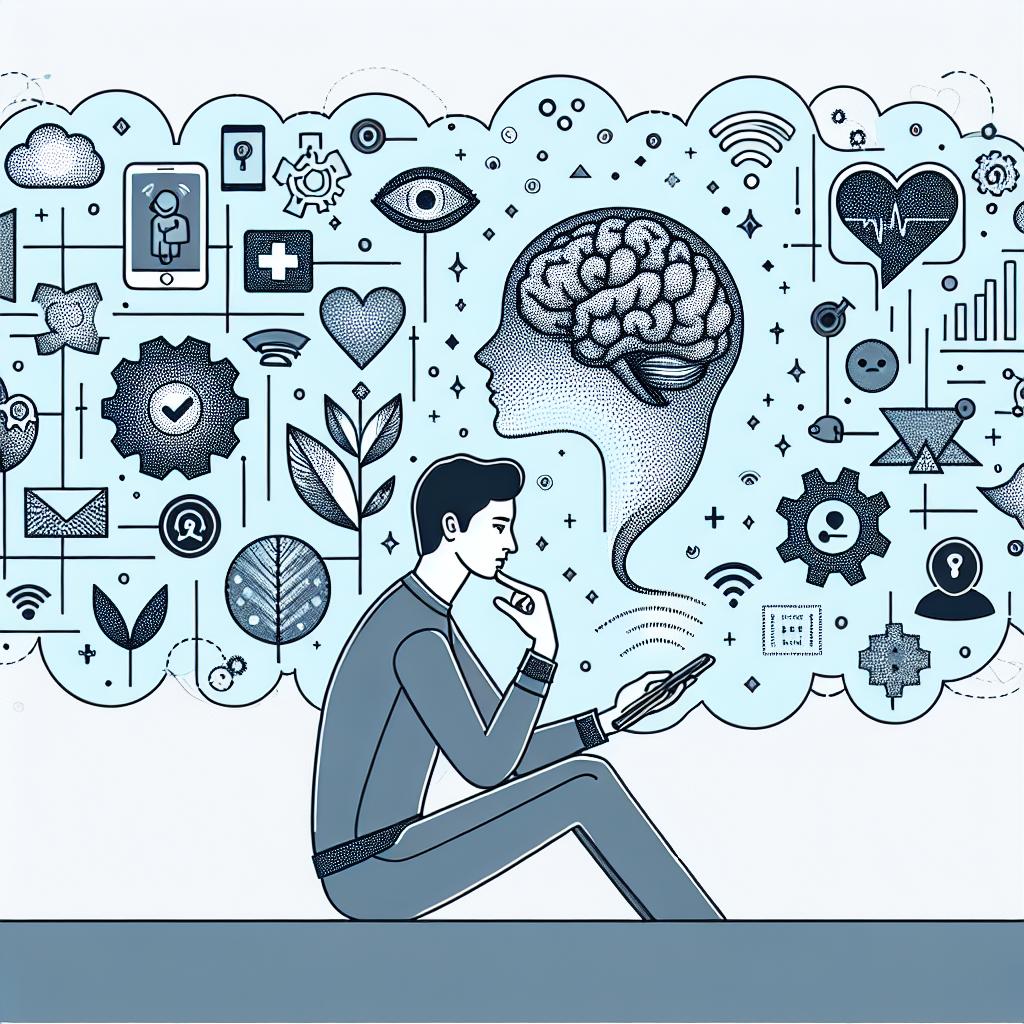 Imagine a corporate style flat vector illustration on a plain white background, depicted in 2D linear perspective. The central figure is a young, gender-neutral, Middle Eastern individual who is interacting with a mental health app on a touch screen device. Around this individual are various symbols that represent health, like a heart, brain, and leaf, showcasing the integration of artificial intelligence into psychological care. Interwoven with this are a series of tech symbols like wifi signals, gears, and binary code, symbolizing available technology for supporting psychological well-being. This serves as an allegory for the democratization and personalization of mental health care through AI.